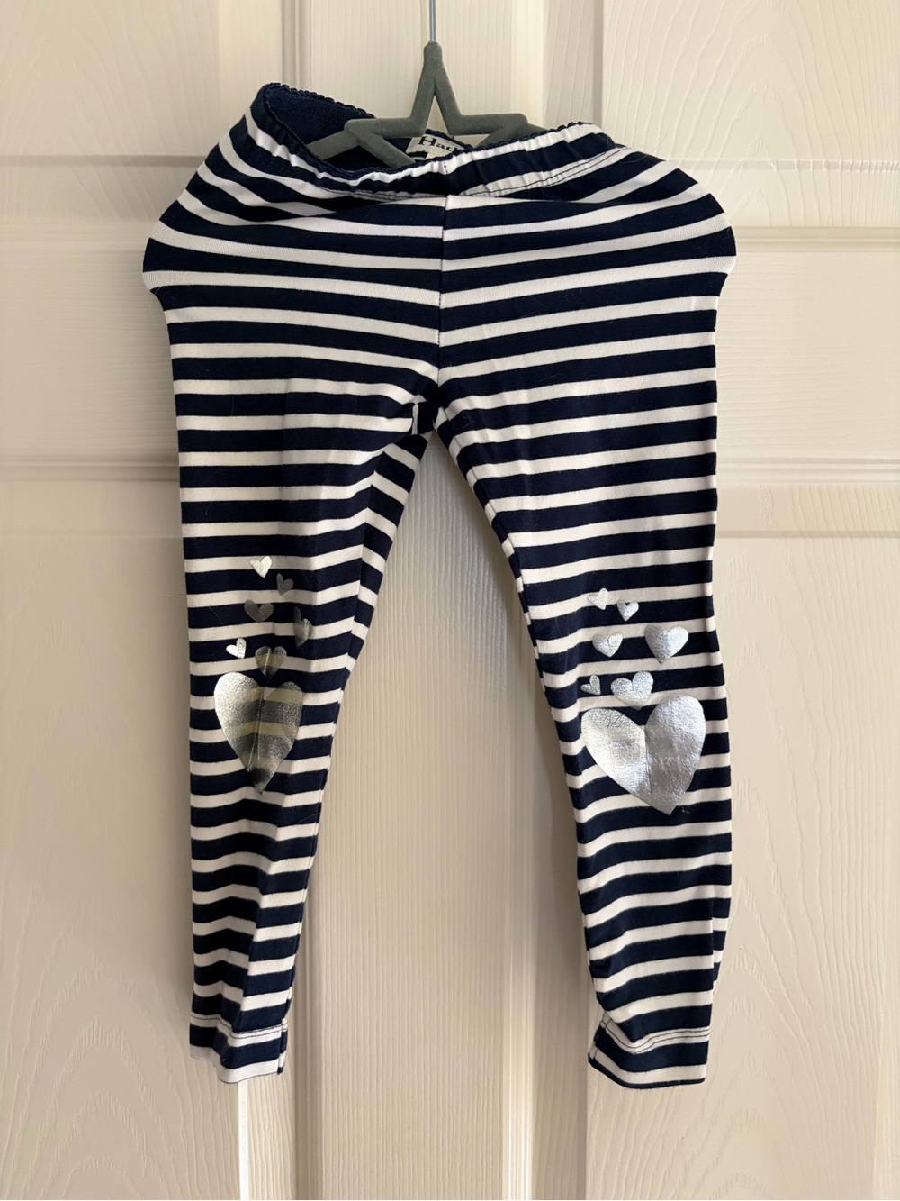 Hatley Navy and White Striped Leggings with Silver Heart Knees